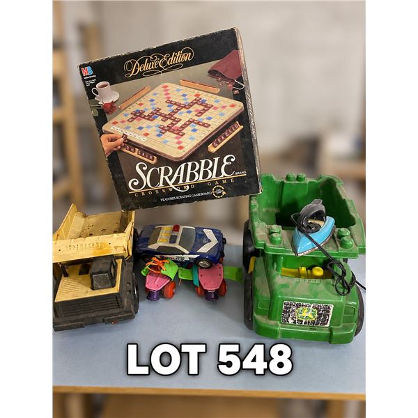 Vintage Scrabble Deluxe Game Tonka Dump Truck John Deere Police Roller Skates Lot