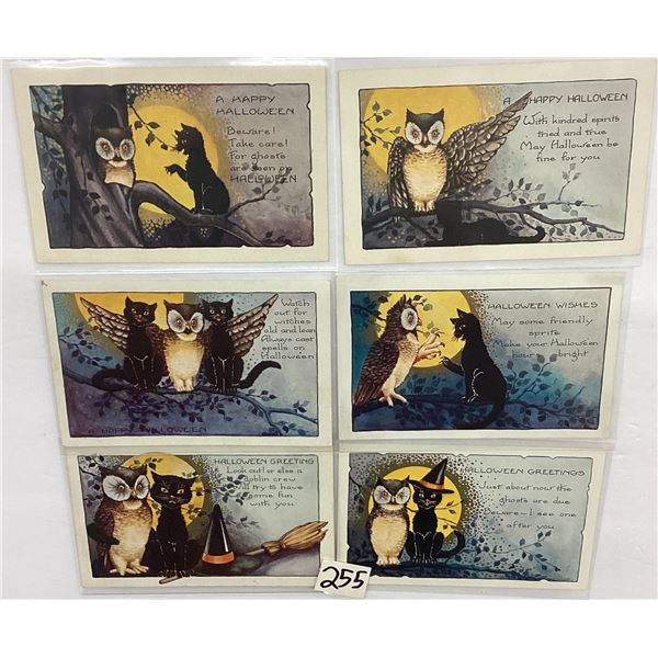 Whitney Halloween Holiday Greeting Postcards Set of 6 with Owls & Cats