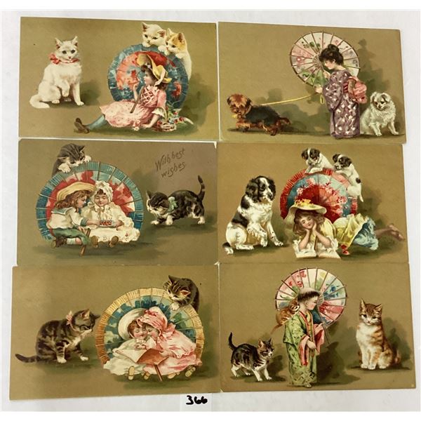 Animals - Cats with Girls & Umbrella Greeting Postcards 6
