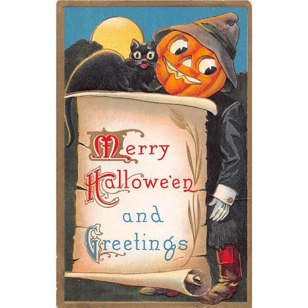 Merry Halloween & Greetings Jack-O-Lantern & Black Cat Holiday Postcard