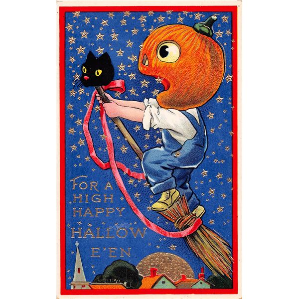 Jack-O-Lantern Riding Cat Headed Broom Halloween Holiday Greeting PC