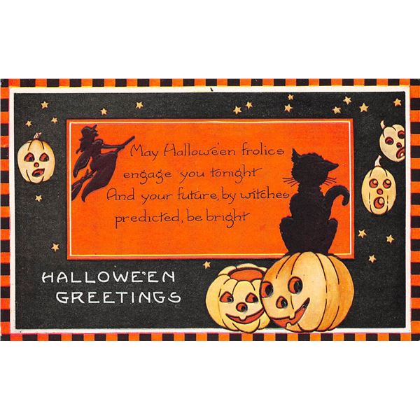 Black & Orange Whitney Halloween Greeting Holiday with Witch, Pumpkins & Cat PC