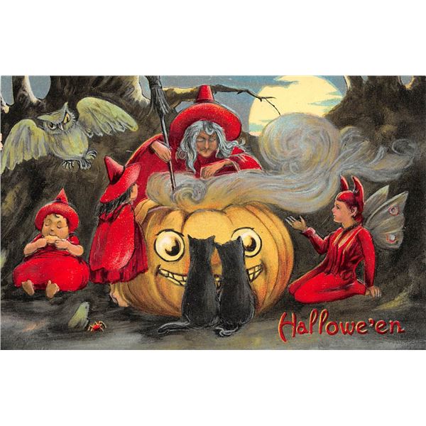 Fairies, Witches, Cats, Owls, Jack-O-Lantern Halloween Holiday Greeting PC