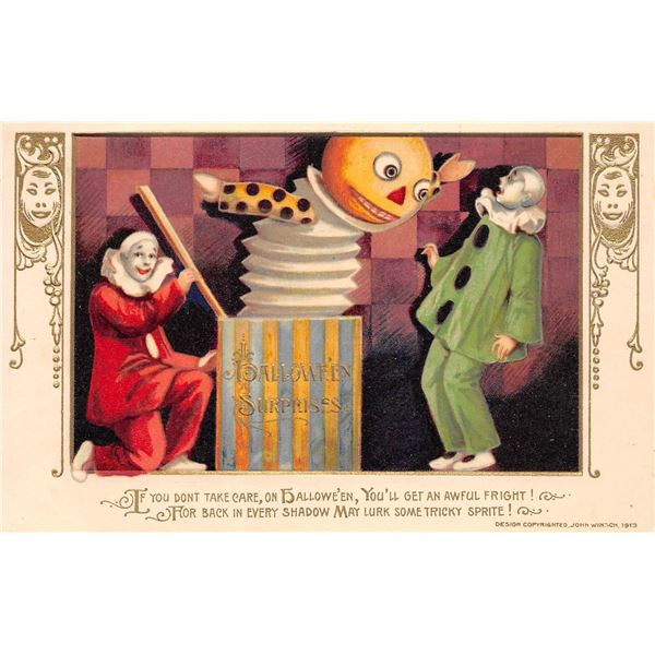 Winsch Mask Series Clowns & Jack in the Box Halloween Holiday Greeting Postcard