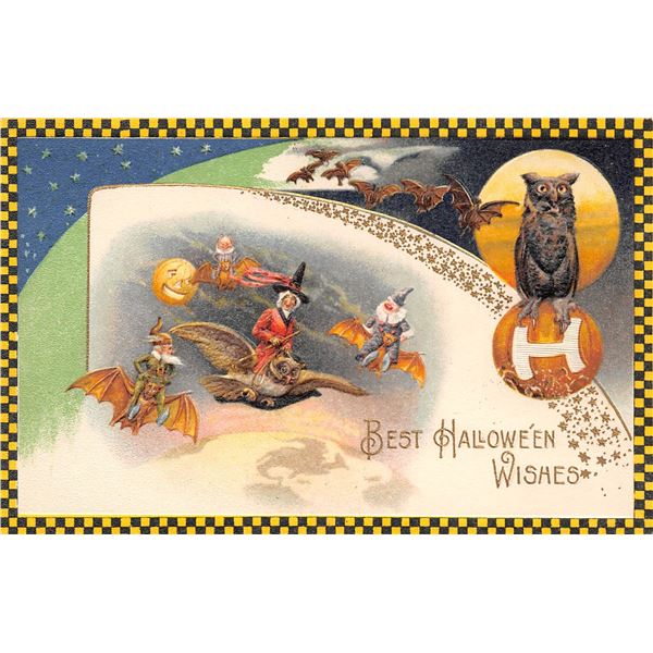 Black & Yellow Border Winsch Witch Riding Owl Halloween Holiday Greeting PC