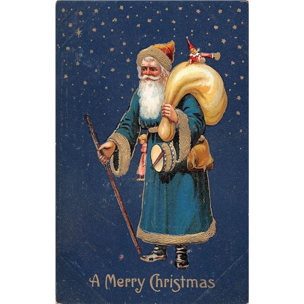 Blue Background & Blue Suit Santa Claus Christmas Holiday Greeting PC