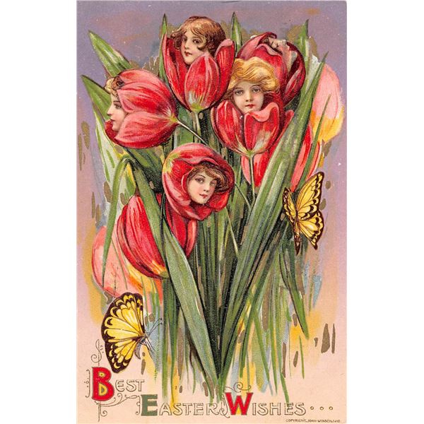 4 Easter Winsch Flower Face Ladies Holiday Greeting Postcards.