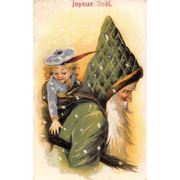 Green Suit Santa Claus & Child Holiday Greeting Christmas Postcard