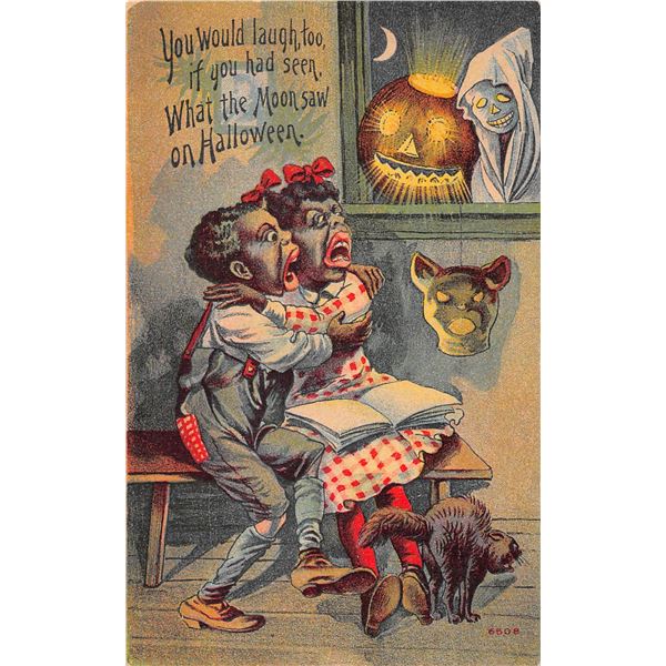 Ghost in Window with Pumpkin Black Americana Halloween Holiday Greeting PC