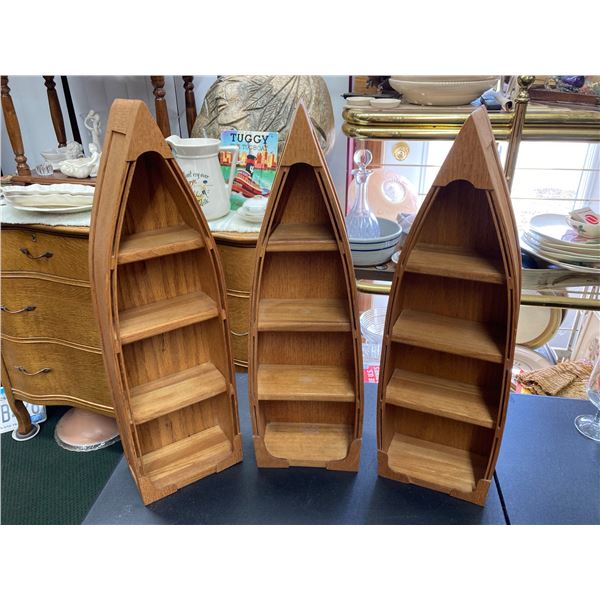 VINTAGE WOODEN TABLETOP ROW BOAT SHELVES, LOT OF 3