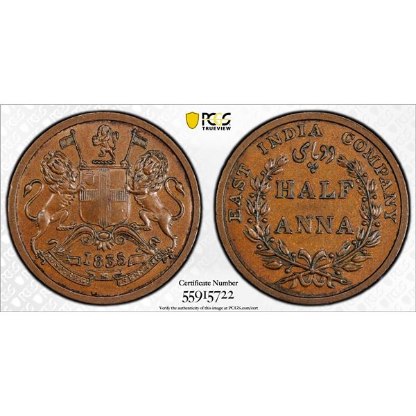 BRITISH INDIA: William IV, 1830-1837, AE half anna, 1835(m), PCGS AU58