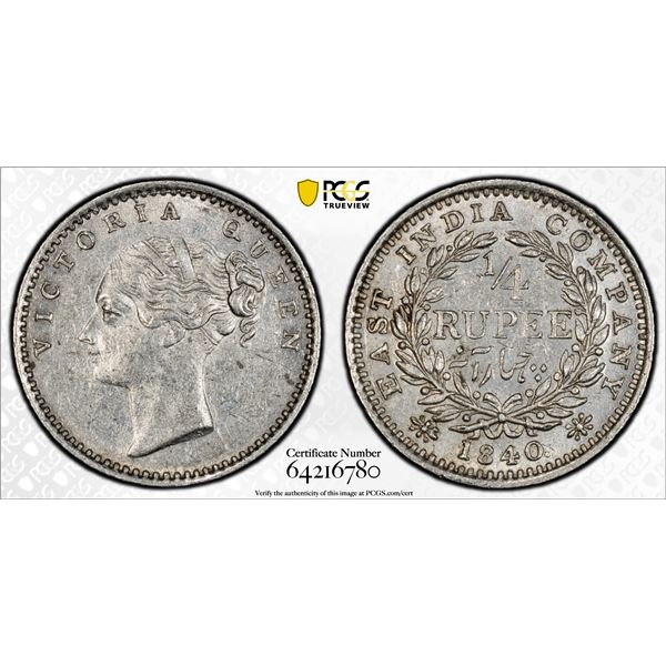 BRITISH INDIA: Victoria, Queen, 1837-1876, AR 1/4 rupee, 1840(m), PCGS AU55
