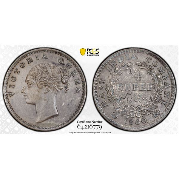 BRITISH INDIA: Victoria, Queen, 1837-1876, AR 1/4 rupee, 1840(m), PCGS AU details