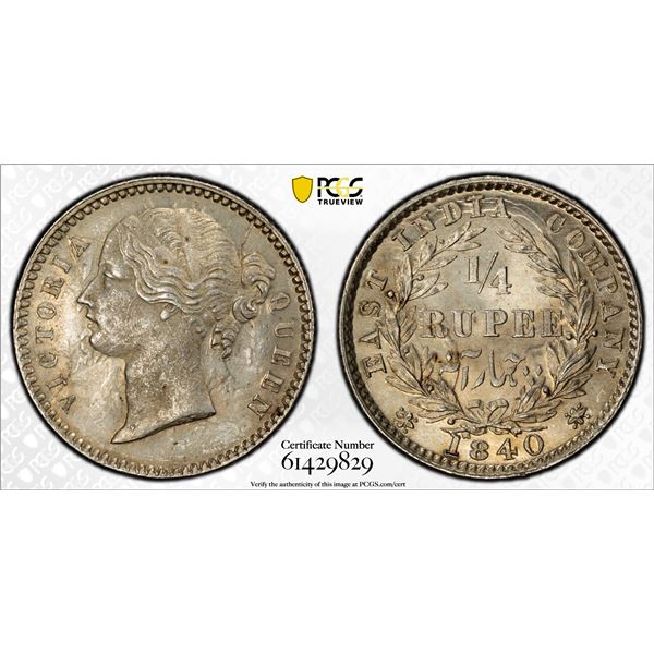 BRITISH INDIA: Victoria, Queen, 1837-1876, AR 1/4 rupee, 1840(b&c), PCGS MS63