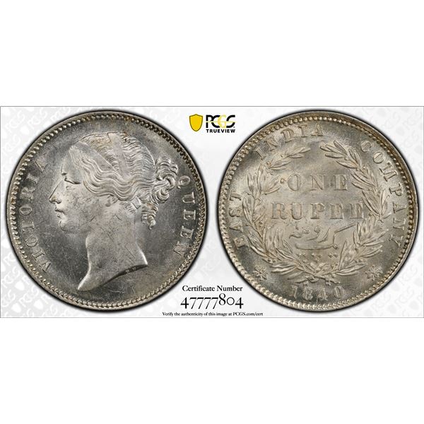 BRITISH INDIA: Victoria, Queen, 1837-1876, AR rupee, 1840b&c, PCGS MS63