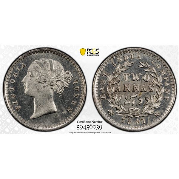 BRITISH INDIA: Victoria, Queen, 1837-1876, AR 2 annas, 1841(b), PCGS UNC details