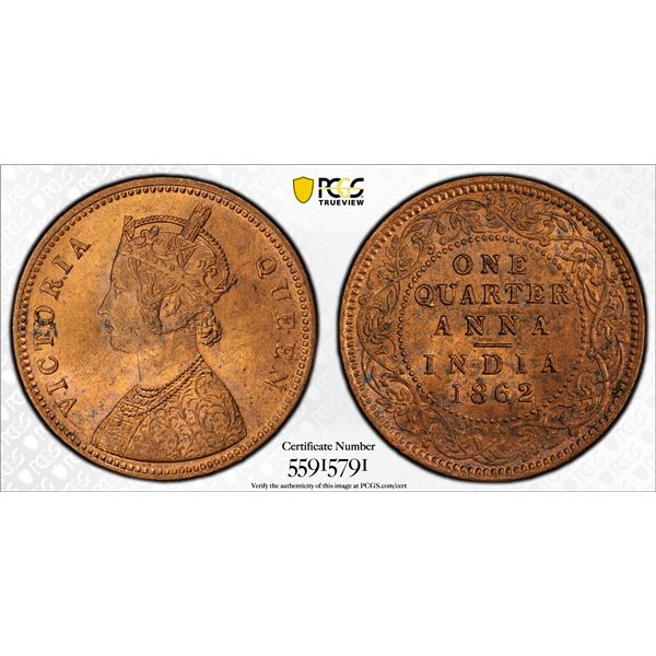 BRITISH INDIA: Victoria, Queen, 1837-1876, AE 1/4 anna, 1862, PCGS MS64 RB
