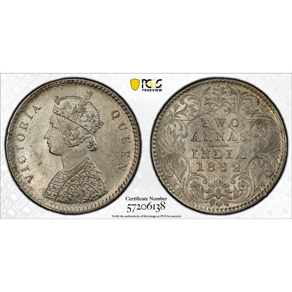 BRITISH INDIA: Victoria, Queen, 1837-1876, AR 2 annas, 1862(c), PCGS MS65
