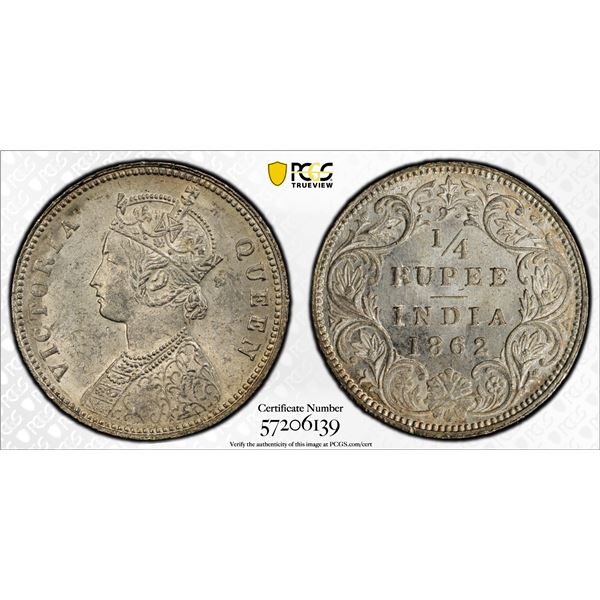 BRITISH INDIA: Victoria, Queen, 1837-1876, AR 1/4 rupee, 1862(c), PCGS MS63