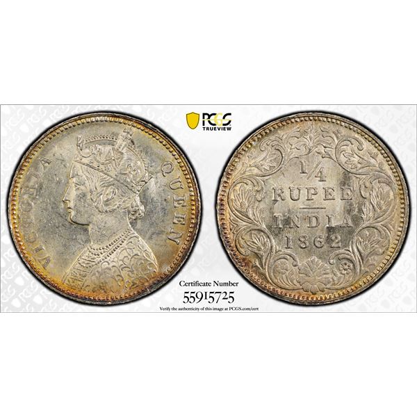 BRITISH INDIA: Victoria, Queen, 1837-1876, AR 1/4 rupee, 1862(c), PCGS MS63