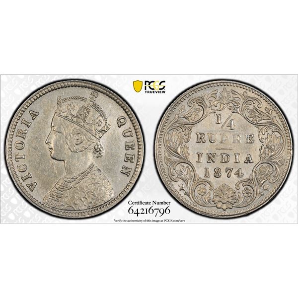 BRITISH INDIA: Victoria, Empress, 1876-1901, AR 1/4 rupee, 1874(c), PCGS AU details