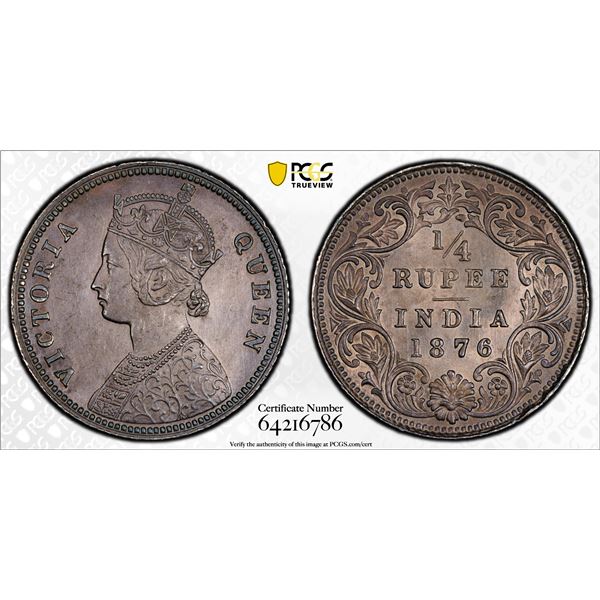 BRITISH INDIA: Victoria, Empress, 1876-1901, AR 1/4 rupee, 1876(c), PCGS UNC details