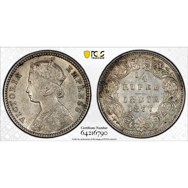 BRITISH INDIA: Victoria, Empress, 1876-1901, AR 1/4 rupee, 1877(c), PCGS AU53