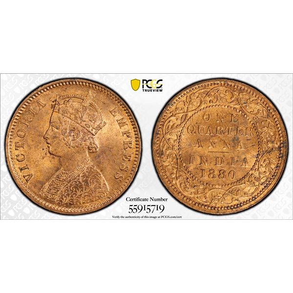 BRITISH INDIA: Victoria, Empress, 1876-1901, AE 1/4 anna, 1880(c), PCGS MS64 RB