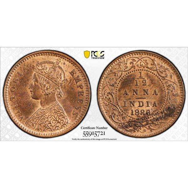 BRITISH INDIA: Victoria, Empress, 1876-1901, AE 1/12 anna, 1886(c), PCGS MS63 RB
