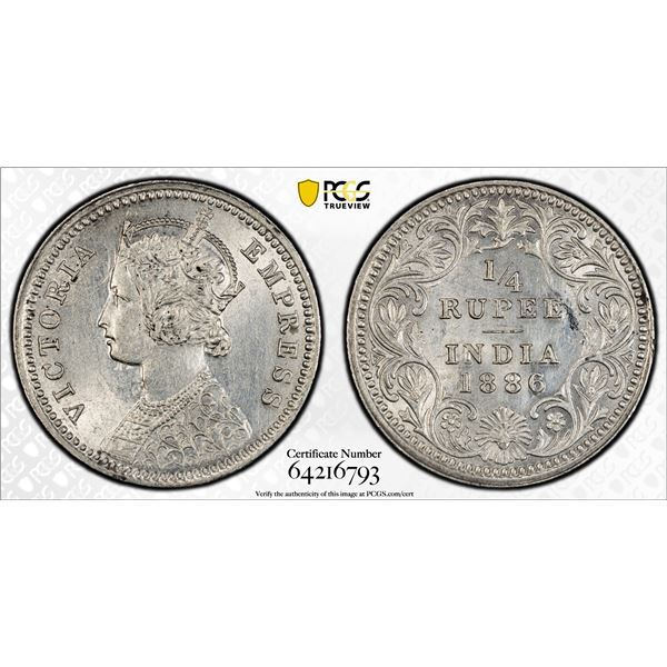 BRITISH INDIA: Victoria, Empress, 1876-1901, AR 1/4 rupee, 1886-C, PCGS AU details