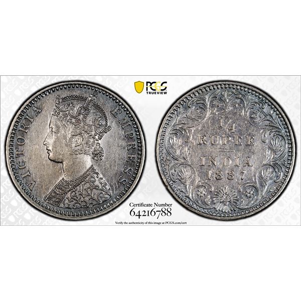 BRITISH INDIA: Victoria, Empress, 1876-1901, AR 1/4 rupee, 1887-B, PCGS AU details