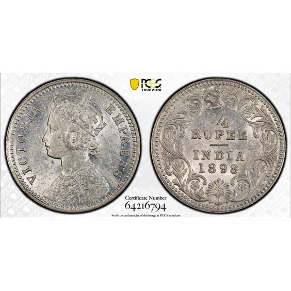 BRITISH INDIA: Victoria, Empress, 1876-1901, AR 1/4 rupee, 1898-C, PCGS AU55
