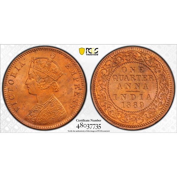 BRITISH INDIA: Victoria, Empress, 1876-1901, AE 1/4 anna, 1889(c), PCGS MS64 RB