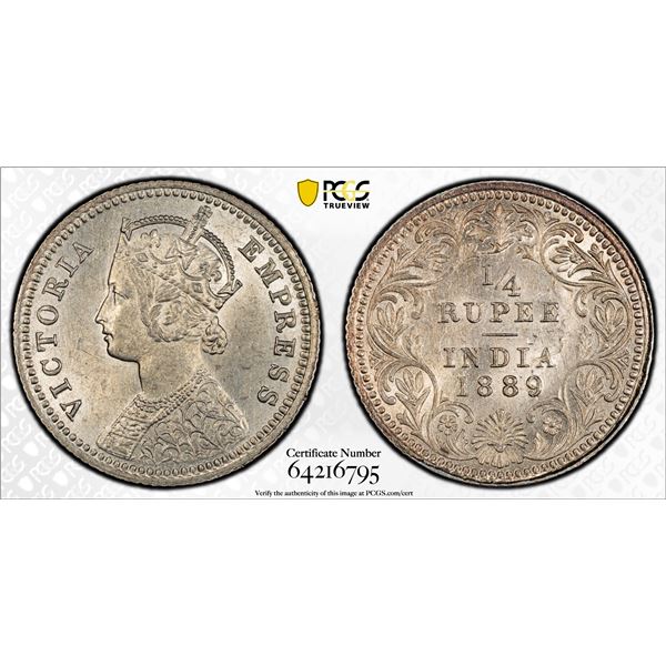 BRITISH INDIA: Victoria, Empress, 1876-1901, AR 1/4 rupee, 1889-C, PCGS AU58
