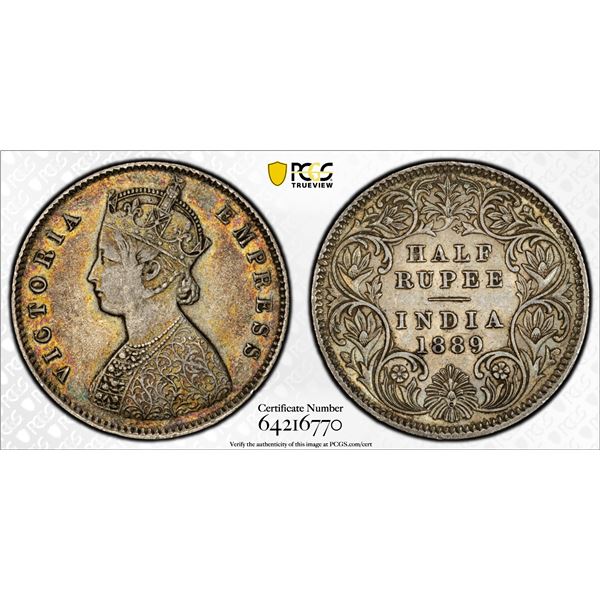 BRITISH INDIA: Victoria, Empress, 1876-1901, AR 1/2 rupee, 1889-C, PCGS EF40