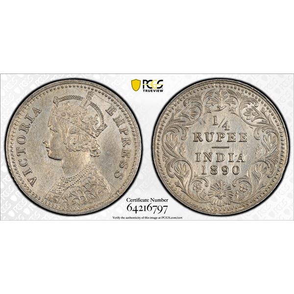 BRITISH INDIA: Victoria, Empress, 1876-1901, AR 1/4 rupee, 1890-C, PCGS AU details