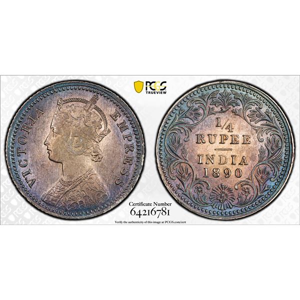 BRITISH INDIA: Victoria, Empress, 1876-1901, AR 1/4 rupee, 1890-C, PCGS XF details
