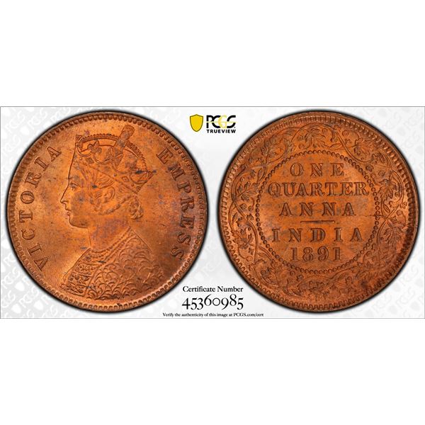 BRITISH INDIA: Victoria, Empress, 1876-1901, AE 1/4 anna, 1891(c), PCGS MS64 RB