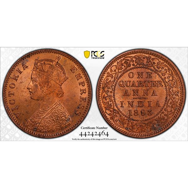 BRITISH INDIA: Victoria, Empress, 1876-1901, AE 1/4 anna, 1893(c), PCGS MS65 RD
