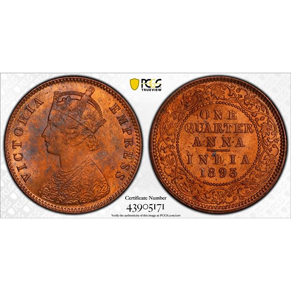 BRITISH INDIA: Victoria, Empress, 1876-1901, AE 1/4 anna, 1893(c), PCGS MS64 RD