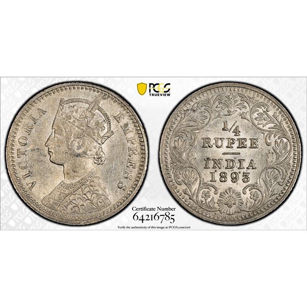 BRITISH INDIA: Victoria, Empress, 1876-1901, AR 1/4 rupee, 1893-C, PCGS AU55