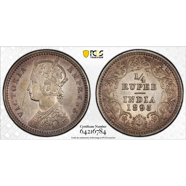 BRITISH INDIA: Victoria, Empress, 1876-1901, AR 1/4 rupee, 1893-C, PCGS AU details