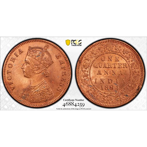 BRITISH INDIA: Victoria, Empress, 1876-1901, AE 1/4 anna, 1894(c), PCGS MS63 RB