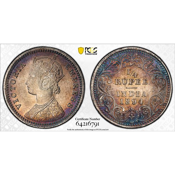 BRITISH INDIA: Victoria, Empress, 1876-1901, AR 1/4 rupee, 1894-C, PCGS AU55