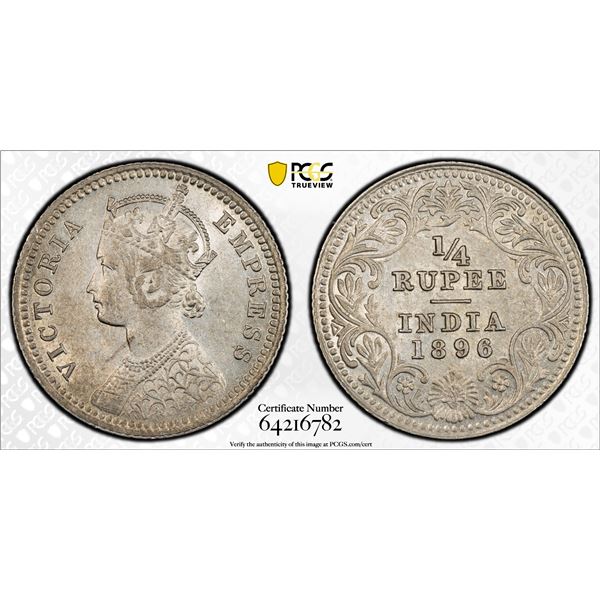 BRITISH INDIA: Victoria, Empress, 1876-1901, AR 1/4 rupee, 1896-C, PCGS AU details
