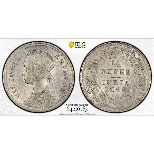 BRITISH INDIA: Victoria, Empress, 1876-1901, AR 1/4 rupee, 1898-C, PCGS AU53