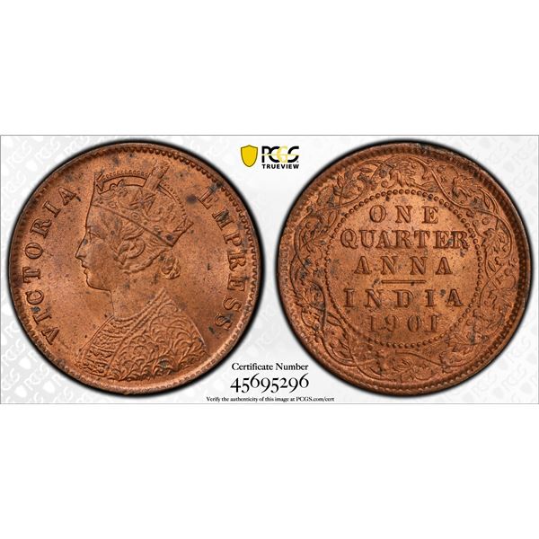 BRITISH INDIA: Victoria, Empress, 1876-1901, AE 1/4 anna, 1901(c), PCGS MS64 RB
