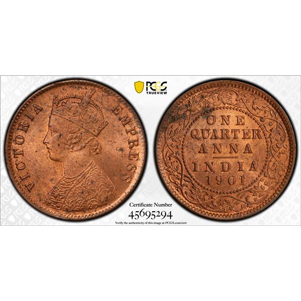 BRITISH INDIA: Victoria, Empress, 1876-1901, AE 1/4 anna, 1901(c), PCGS MS64 RB