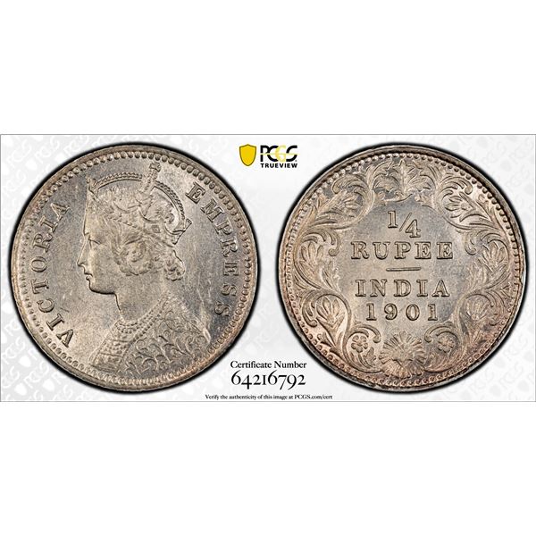 BRITISH INDIA: Victoria, Empress, 1876-1901, AR 1/4 rupee, 1901-C, PCGS AU58