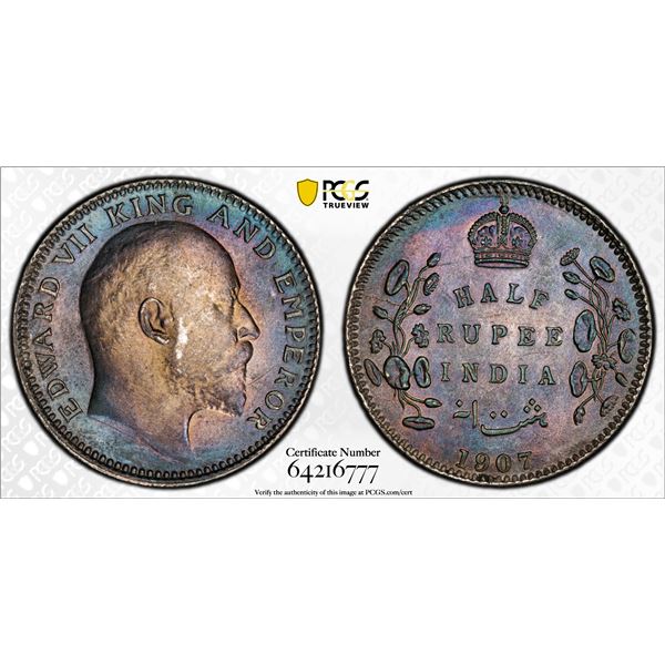 BRITISH INDIA: Edward VII, 1901-1910, AR 1/2 rupee, 1907(c), PCGS AU details